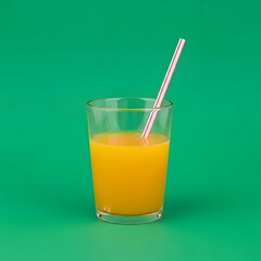A clear glass filled with bright orange juice and a striped straw against a vibrant green background, creating a fresh and lively beverage presentation