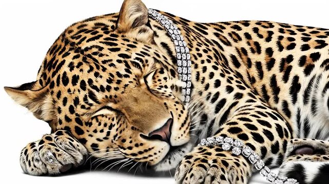 A sleeping leopard wearing sparkling diamond jewelry. A luxurious big cat with a necklace and bracelet on a white background. Surreal fashion and wealth concept animation