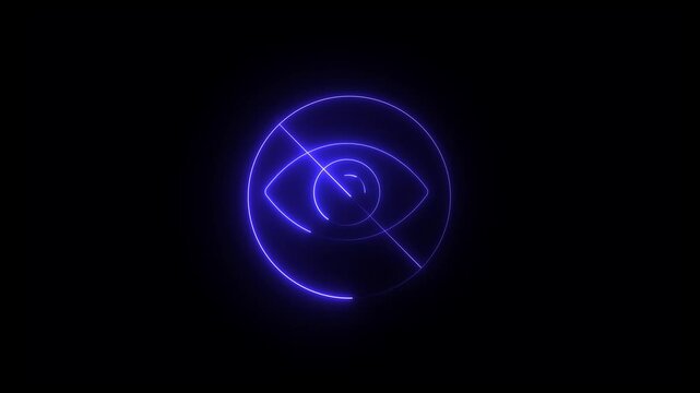 Neon eye off icon glowing black background animation, Glowing neon Hide eye symbol, sensitive content icon animation 4k video motion hidden invisible icon, blind eye Icon animation.