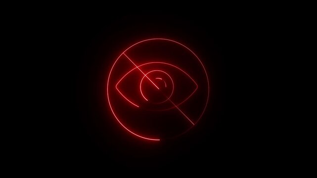 Neon eye off icon glowing black background animation, Glowing neon Hide eye symbol, sensitive content icon animation 4k video motion hidden invisible icon, blind eye Icon animation.