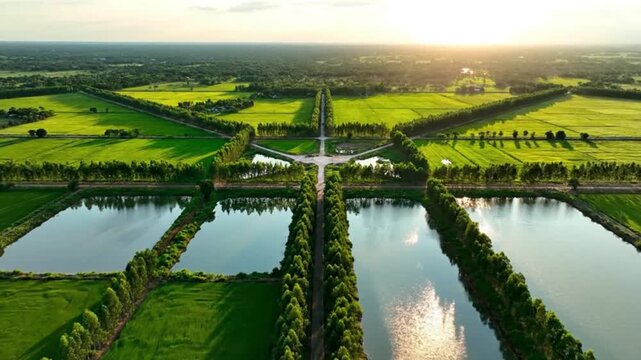HDR Aerial Drone View of Green Farm with Windbreak Trees and Rainwater Ponds in Symmetrical Layout