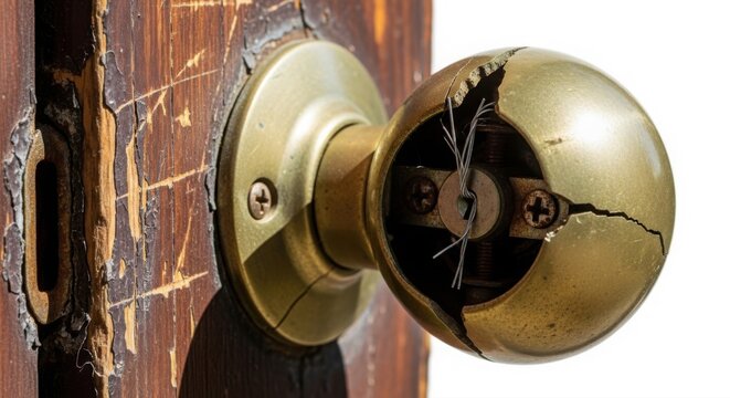 Broken brass doorknob on a weathered wooden door image