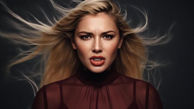 Blonde Long-Haired Woman as Wind Blows Hair from Her Face Revealing Fangs in Dark Studio Close-Up