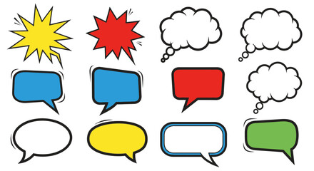 Dynamic collection of cartoon speech bubbles and thought clouds in vibrant colors, perfect for adding creative accents and playful messages to your designs