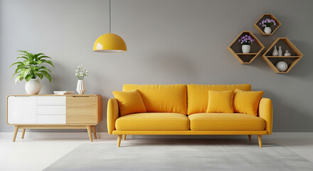 Bright yellow sofa and modern furniture in a living room with gray wall color