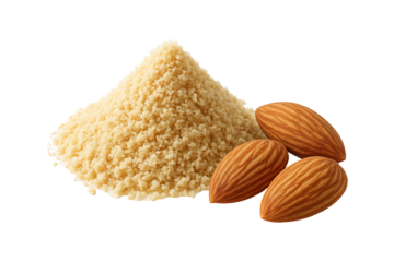 Fine Almond Powder Formed into Soft Pile with Whole Nuts Isolated on a Transparent Background