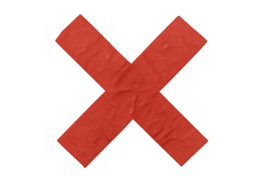 Red adhesive tape creating a cross mark on transparent background for cancellation or error concept