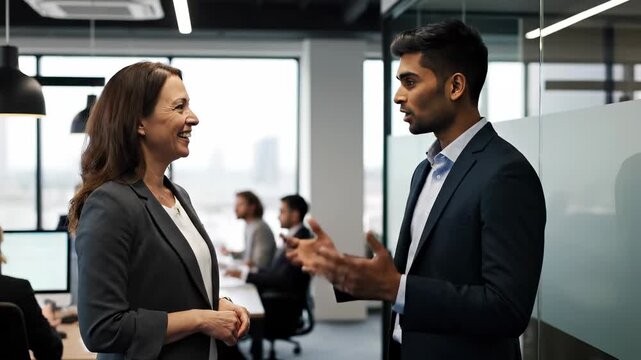 Business professionals in modern office setting. A medium shot conveying collaboration and success. Corporate culture, teamwork, professional environment.