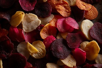 Colorful rainbow beet chips offer a delicious healthy snack alternative, perfect for modern diets and vibrant culinary creations with vibrant colors and textures