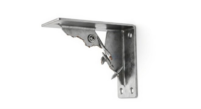 Damaged Metal Shelf Bracket with Screw on White Background