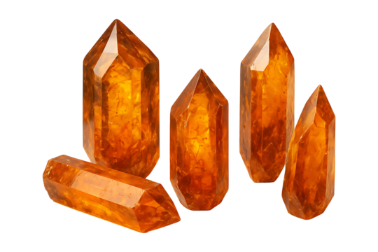 Vibrant Orange Amber Gemstone Points with Reflective Surfaces Isolated on a Transparent Background