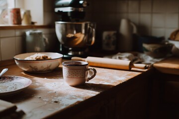 Cozy baking scene with a warm drink, inviting you to create delicious homemade treats in a sunlit kitchen for a heartwarming culinary experience