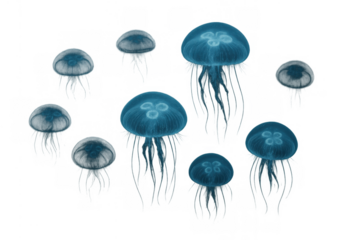 Glowing blue jellyfish group floating in water on transparent background symbolizing marine life and ocean beauty