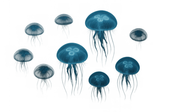 Glowing blue jellyfish group floating in water on transparent background symbolizing marine life and ocean beauty