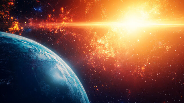 Vast cosmic scene with planets floating in deep space, surrounded by stars, nebulae, and glowing cosmic dust. Evokes wonder, exploration, and the infinite universe.