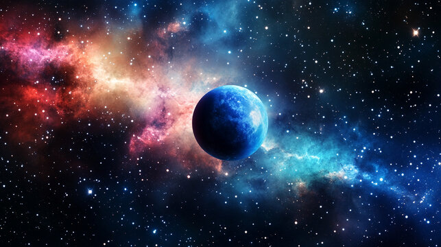 Vast cosmic scene with planets floating in deep space, surrounded by stars, nebulae, and glowing cosmic dust. Evokes wonder, exploration, and the infinite universe.