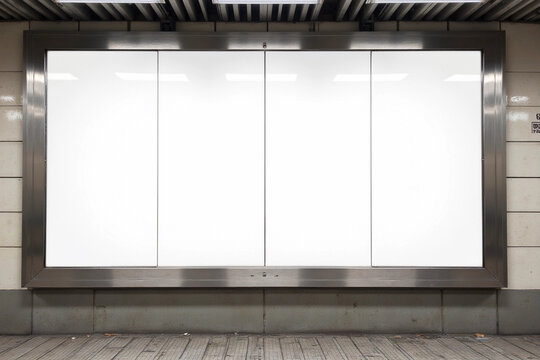 Four squares blank billboard advertising poster on a subway station platform wall. Space for text for advertising signage ideas for mockup.