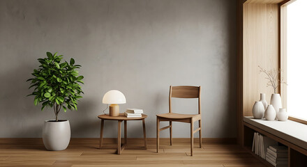 Wooden chair and table with lamp and plant in a living room with gray wall color