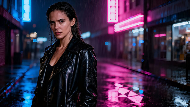A young woman standing in a rain-soaked night street illuminated by neon reflections. Women Day, International Women Day, Happy Women Day, Happy International Women Day