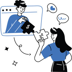 Two people collaborating online one person holds puzzle piece with dollar sign another holds puzzle piece with math symbols illustration with blue accents and white background