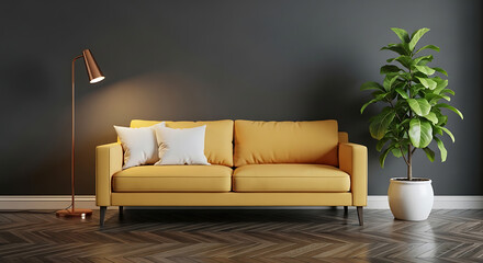 Yellow sofa with white pillows and floor lamp in a living room with dark gray wall