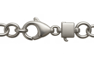 Silver lobster claw clasp connecting metal chain links. Jewelry accessory for fashion, security and connection, transparent background