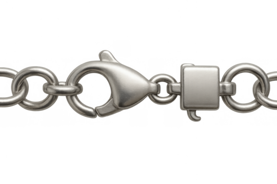 Silver lobster claw clasp connecting metal chain links. Jewelry accessory for fashion, security and connection, transparent background