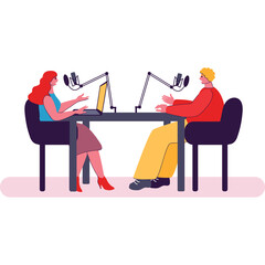 Two People Recording a Podcast Session at a Table with Microphones and Laptops Illuminated by Soft Studio Lighting