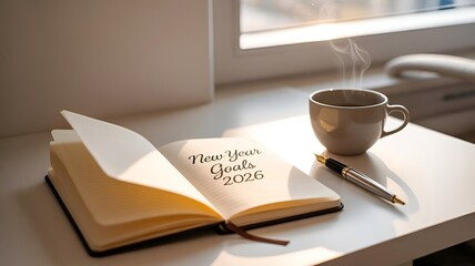 Open notebook and a cup of coffee.
