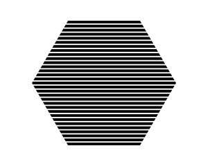 Striped hexagon shape isolated on white background. Streaked geometric form. Simple design element. Vector graphic illustration.
