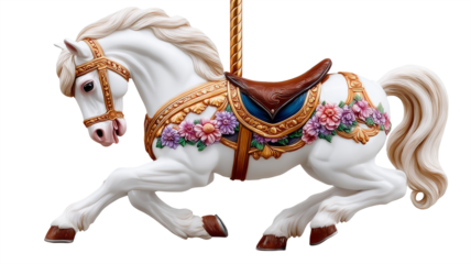 Carousel horse with intricate floral decorations, showcasing vibrant colors and detailed craftsmanship, perfect for festive themes and nostalgic memories. transparent background, isolated image