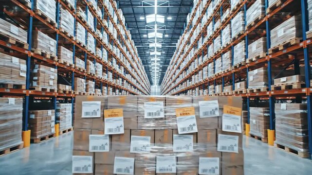 A warehouse interior perspective showcasing rows of shelves laden with goods. Center is pallet of boxes