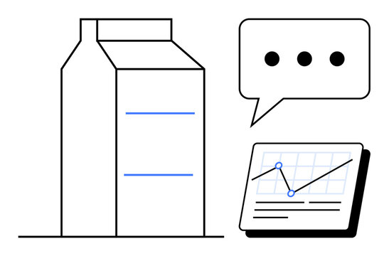 Milk carton, speech bubble with dots, and tablet with chart represent packaging design, communication, marketing, data-driven decisions, innovation, consumer feedback, simple flat metaphor