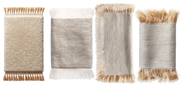Collection of four textured fabric swatches showcasing various neutral tones and materials, ideal for design projects with copy space. transparent background, isolated image