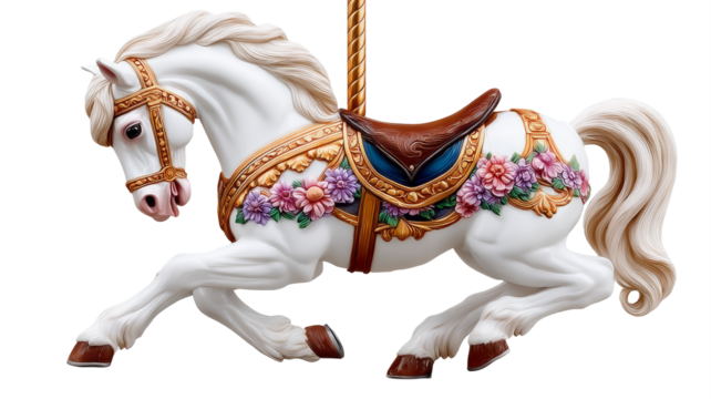 Carousel horse with intricate floral decorations, showcasing vibrant colors and detailed craftsmanship, perfect for festive themes and nostalgic memories. transparent background, isolated image