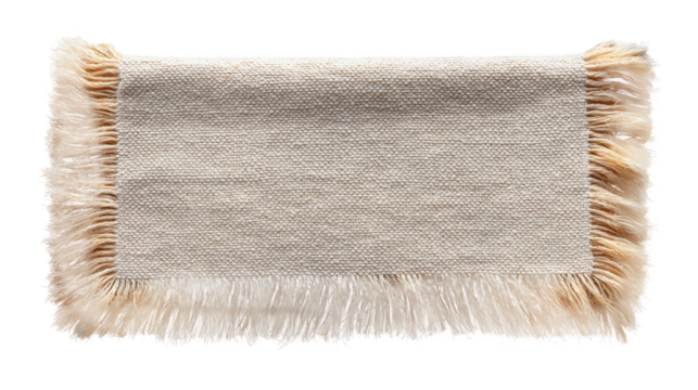 Textured beige woven fabric with fringe edges isolated on a transparent background, showcasing craftsmanship and textile design for creative projects. transparent background, isolated image