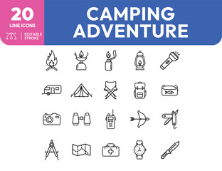 Camping Adventure Line Icons Bonfire Tent Compass and Outdoor Gear