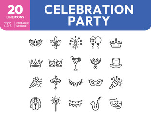 Obraz premium Celebration and Party Line Icons Masks Crowns Fireworks and Musical Instruments