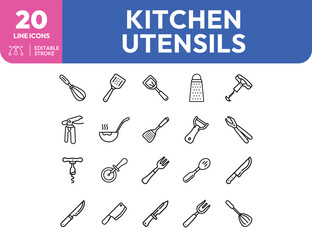Collection of twenty kitchen utensils line icons featuring various cooking tools