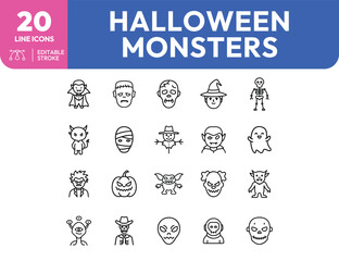 Collection of twenty Halloween monster line icons with editable strokes