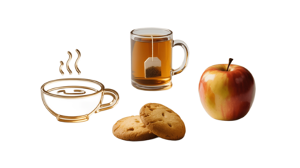Still life scene featuring a cup of tea, cookies, and an apple.