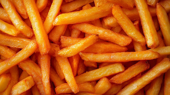 Crispy golden pommes frites (French fries) filling the frame, creating a mouthwatering background perfect for food visuals, fast food themes, or culinary presentations.