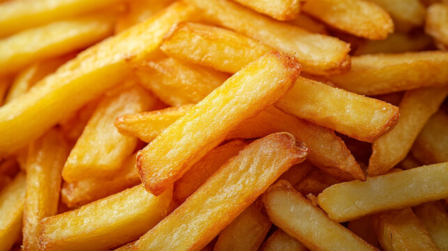 Crispy golden pommes frites (French fries) filling the frame, creating a mouthwatering background perfect for food visuals, fast food themes, or culinary presentations.