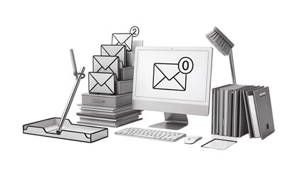 Email overload concept, featuring a computer and piles of mail.