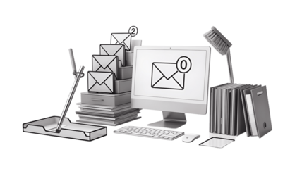 Email overload concept, featuring a computer and piles of mail.
