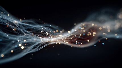 Futuristic quantum computing visualization featuring glowing qubits and entangled circuits. Neon light trails and abstract digital patterns convey advanced technology and computational complexity.