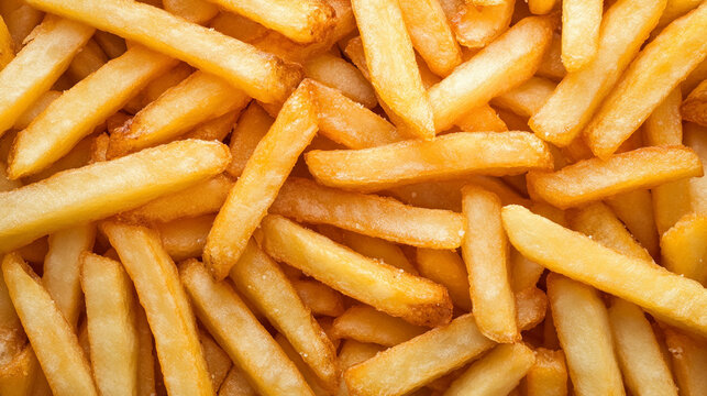 Crispy golden pommes frites (French fries) filling the frame, creating a mouthwatering background perfect for food visuals, fast food themes, or culinary presentations.