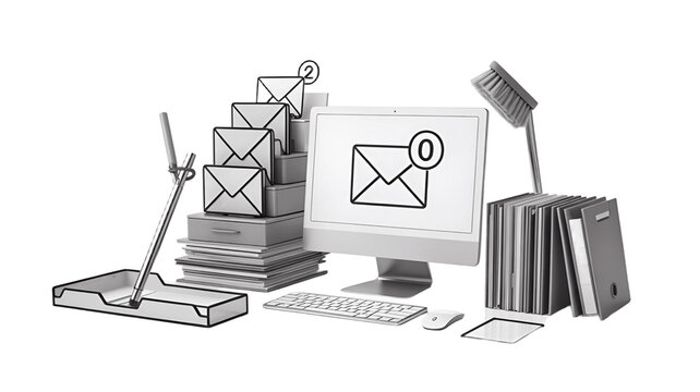 Email overload concept, featuring a computer and piles of mail. - Powered by Adobe