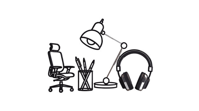 An office arrangement with essentials: chair, desk lamp, pens, and headphones.