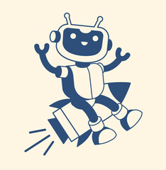 Cheerful AI robot soaring on a rocket through space. Cute style perfect for themes of innovation, future tech,  education, and playful artificial intelligence.